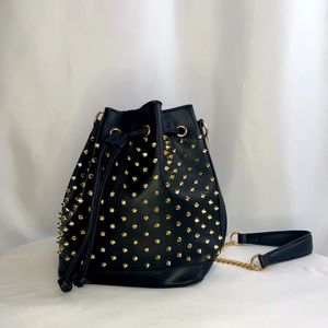 Studded Drawstring Bucket Crossbody Bag Satchel